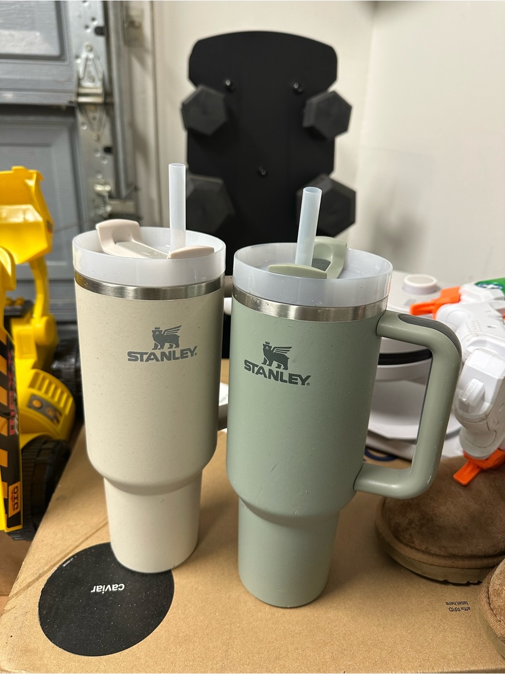 TWO Stanley 40oz Travel Tumblers in Sage Green and Cream with Reusable Straws